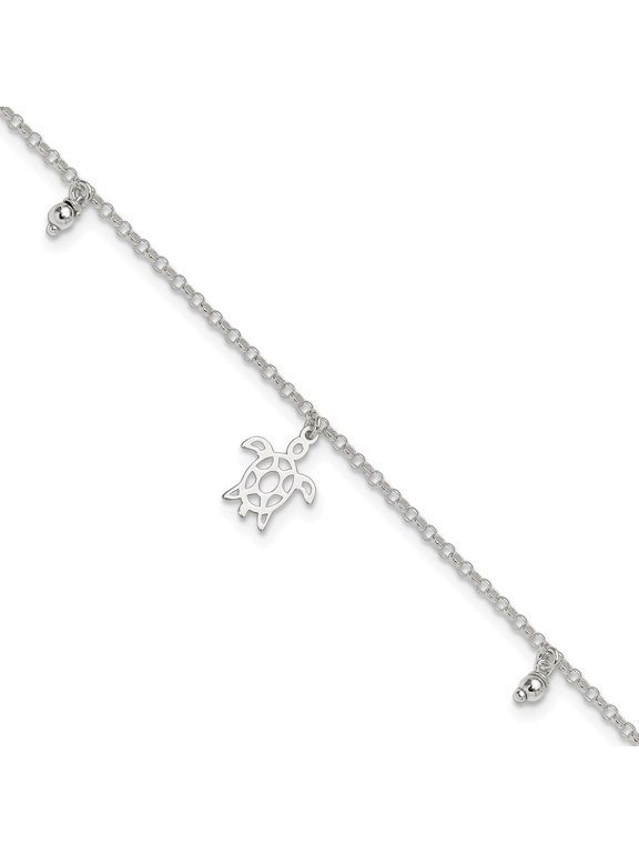 Fine Jewelry 925 Sterling Silver Turtle Dangle Beads 9in Plus 1in Ext. Anklet for Women