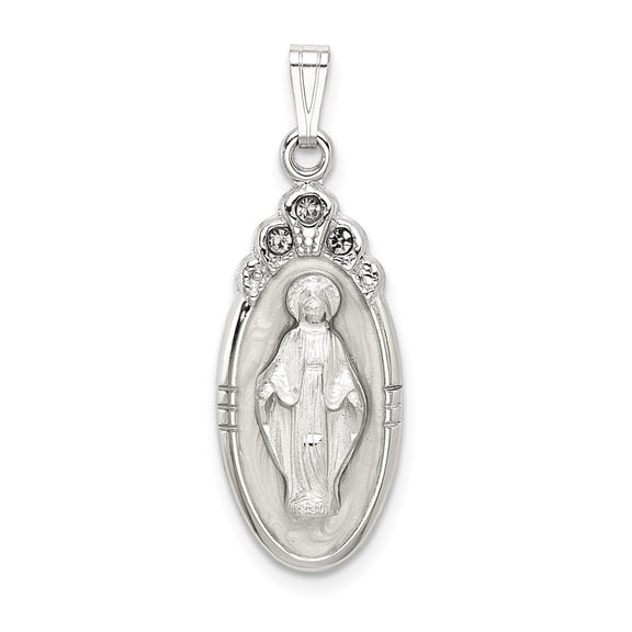 Auriga Fine Jewelry 925 Sterling Silver White Epoxy & Crystal Miraculous Medal Pendant for Women (L-30 mm, W-10.5 mm)