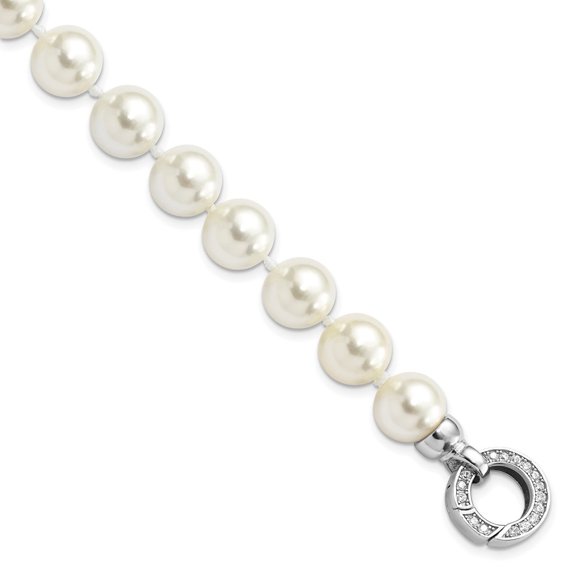 Auriga Fine Jewelry 925 Sterling Silver Wht Imitate Shell Pearl Fancy Bracelet 7.5inch for Women