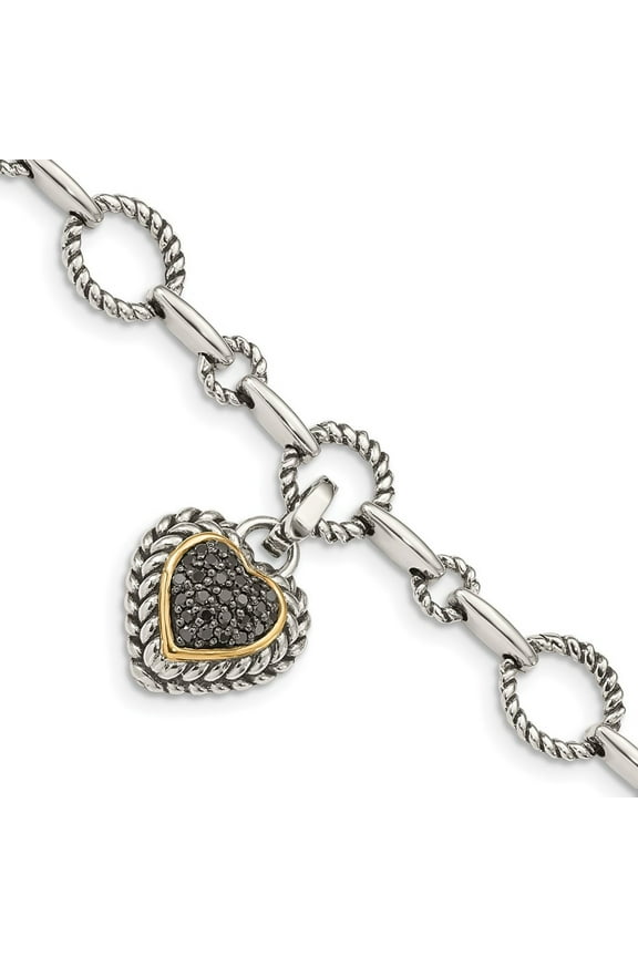 Fine Jewelry 925 Sterling Silver Yellow Gold Black Diamond Heart Link Bracelet 8inch for Women