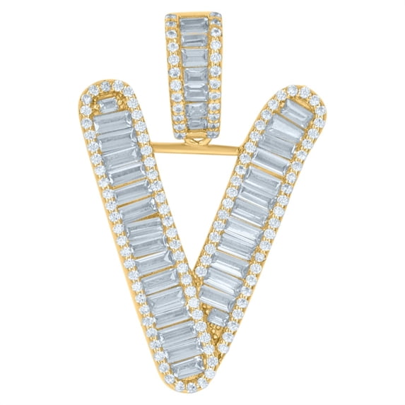 Auriga Fine Jewelry 925 Sterling Silver Yellow-Tone Baguette CZ Initial Letter V Charm Pendant for Women