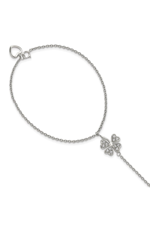Fine Jewelry 925 Sterling Silver Zirconia Four Leaf Clover Attached Ring Bracelet 7inch for Women