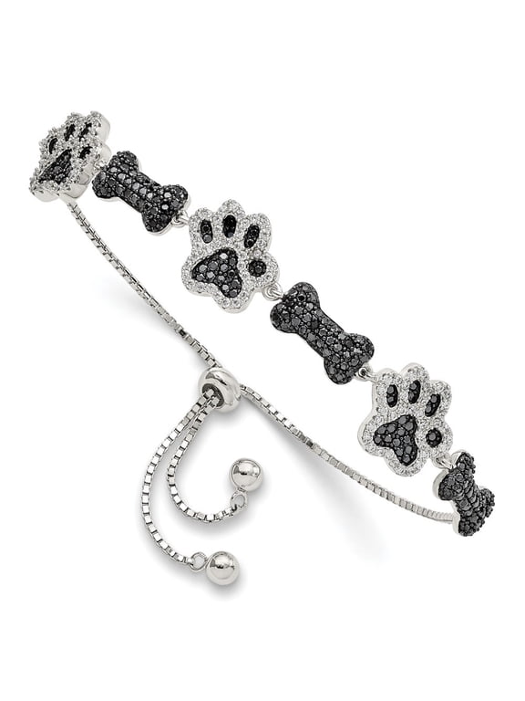 Fine Jewelry 925 Sterling Silver Zirconia Paw Print & Dog Bone Adjustable Bracelet for Women