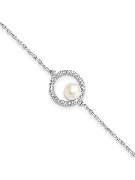 Fine Jewelry 925 Sterling Silver Zirconia White Button Pearl Bracelet 7.75inch for Women