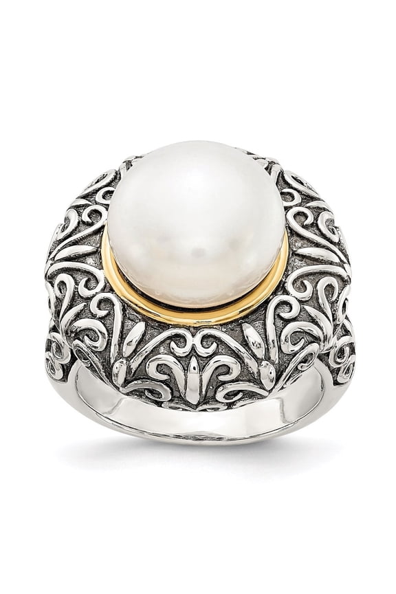 Fine Jewelry 925 Sterling Silver and Gold 12mm Pearl Solitaire Ring Size 7 for Women