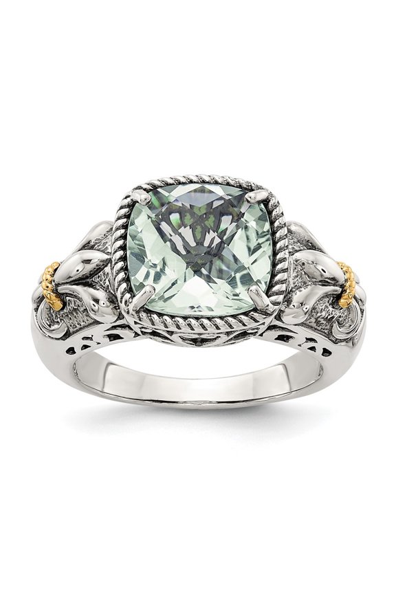 Fine Jewelry 925 Sterling Silver and Gold Green Quartz Engagement Ring Size 7 for Women