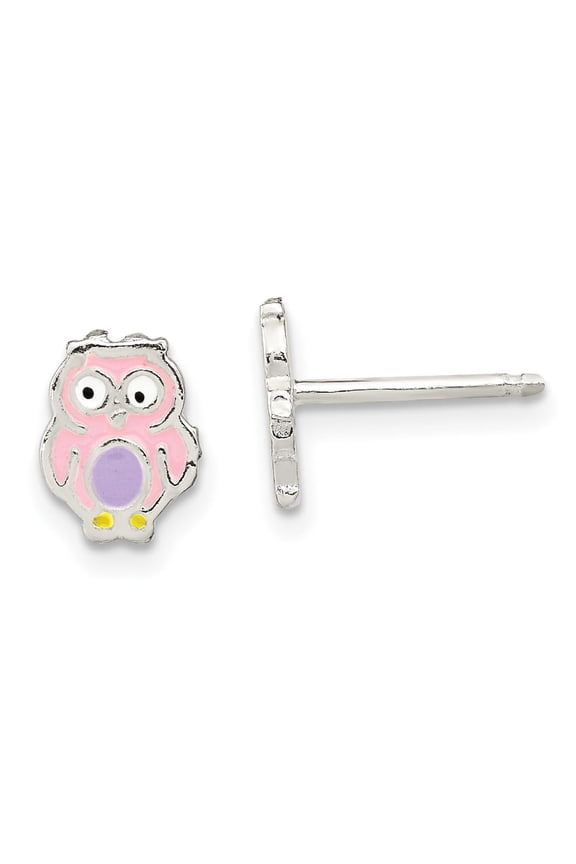 Fine Jewelry 925 Sterling Silver and Multi-color Enameled Owl Post Stud Earrings for Women