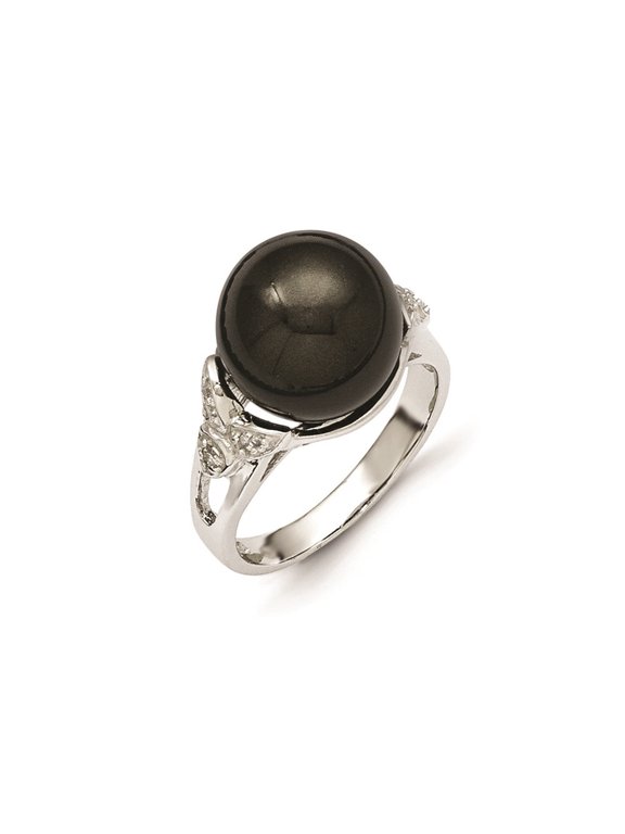 Fine Jewelry 925 Sterling Silver with 14K 12-13mm Black Shell Bead & CZ Ring Size 6 for Women