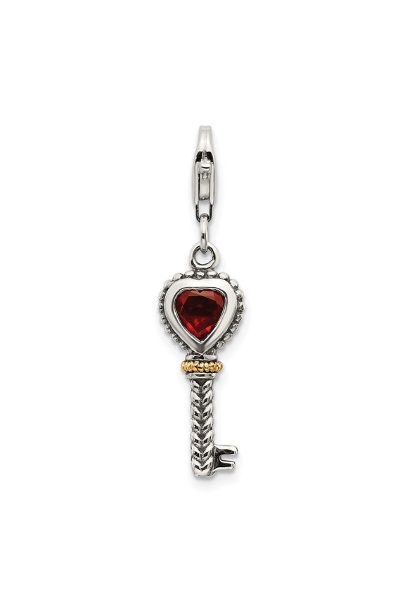Fine Jewelry 925 Sterling Silver with 14K Accent Antiqued Garnet Key with Lobster Clasp Charm for Women (L - 1.58 inch, W - 8 inch)
