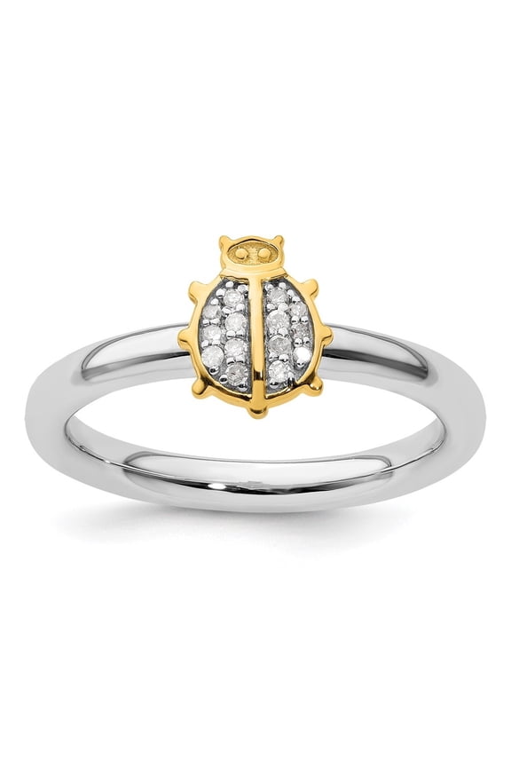 Fine Jewelry 925 Sterling Silver with 14K Gold-Plated Ladybug Diamond Ring Size 6 for Women