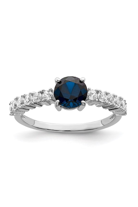 Fine Jewelry 925 Sterling Silver with 14K Polished Rh-plated Cr. Blue Spinel and CZ Ring Size 6 for Women