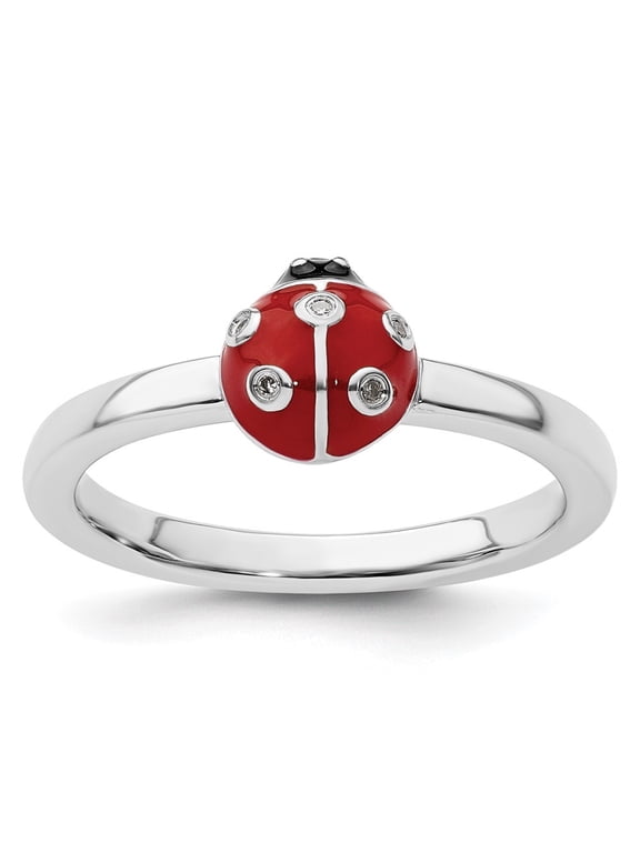 Fine Jewelry 925 Sterling Silver with 14K Red /Blk Enamel Ladybug w/Diamond Ring Size 10 for Women
