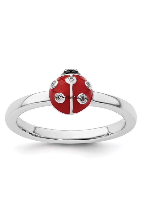 Fine Jewelry 925 Sterling Silver with 14K Red /Blk Enamel Ladybug w/Diamond Ring Size 10 for Women