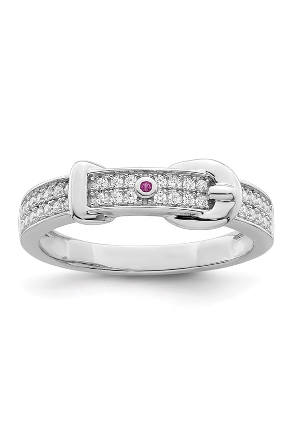 Fine Jewelry 925 Sterling Silver with 14K Rh-plated Created Red Corundum & CZ Buckle Ring Size 6 for Women