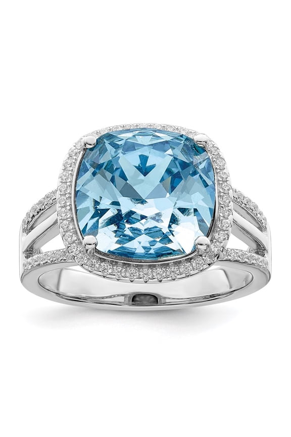Fine Jewelry 925 Sterling Silver with 14K Rh-plated Polished CZ & Blue Crystal Ring Size 7 for Women