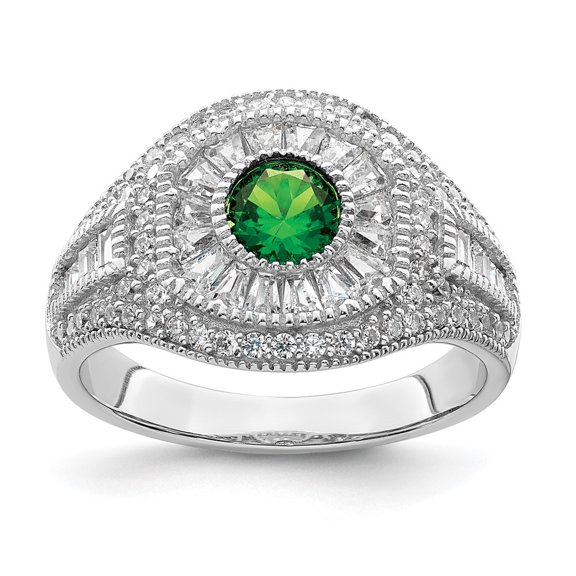 Auriga Fine Jewelry 925 Sterling Silver with 14K Rh-plated Polished Green & White CZ Ring Size 6 for Women