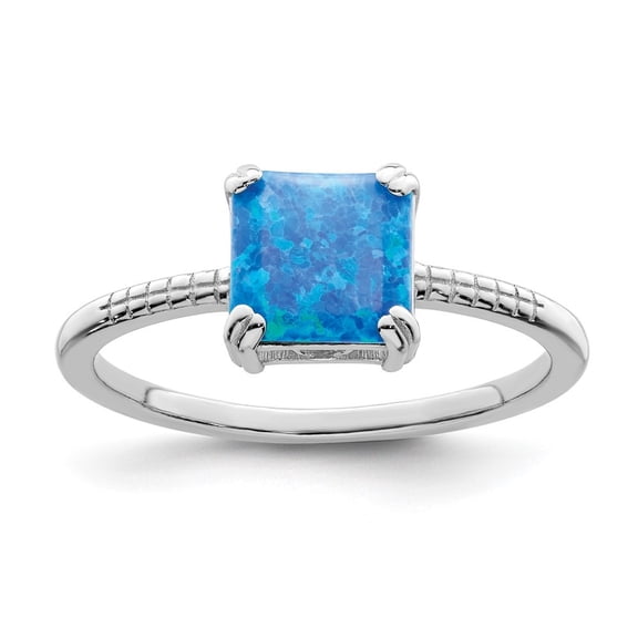 Auriga Fine Jewelry 925 Sterling Silver with 14K Rhodium-plated Polished Square Blue Created Opal Ring Size 6 for Women