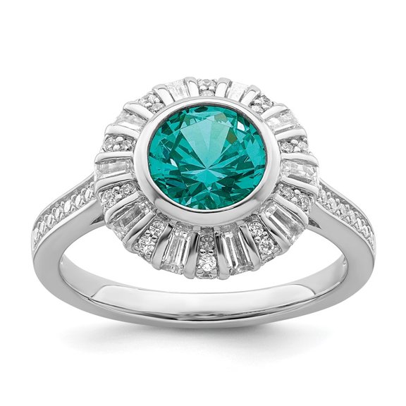 Auriga Fine Jewelry 925 Sterling Silver with 14K Rhodium plated White and Teal CZ Ring Size 6 for Women