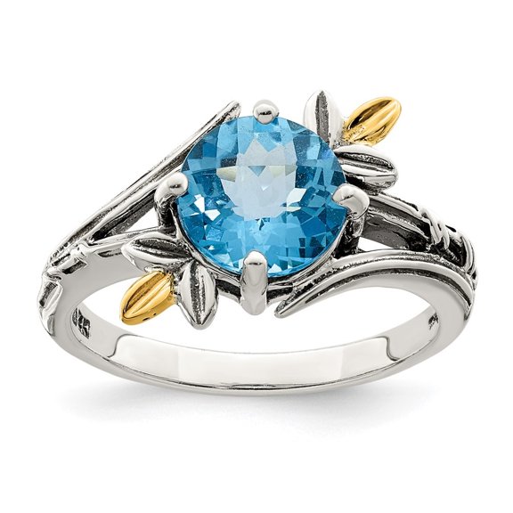 Auriga Fine Jewelry 925 Sterling Silver with Gold Leaves Round 1.92Bt Ls Blue Topaz Ring Size 6 for Women