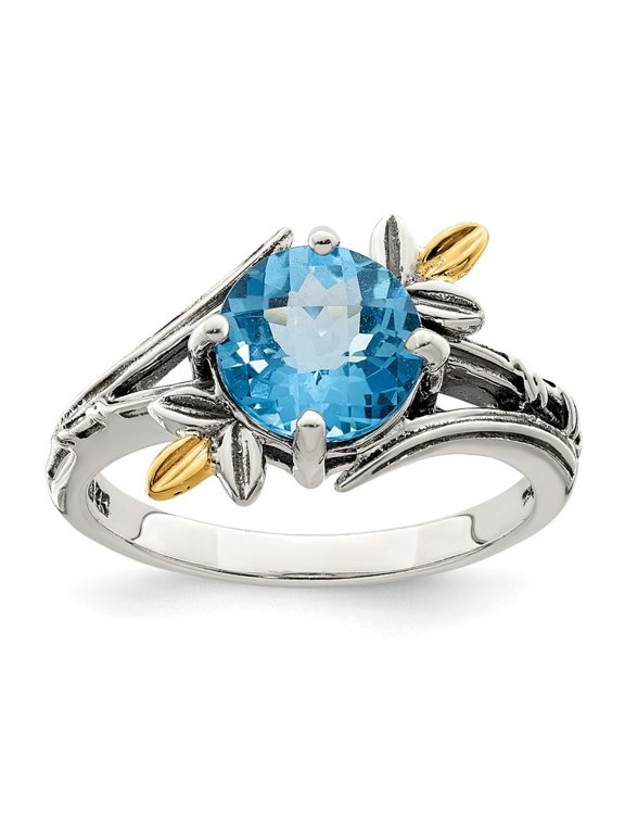 Fine Jewelry 925 Sterling Silver with Gold Leaves Round 1.92Bt Ls Blue Topaz Ring Size 6 for Women