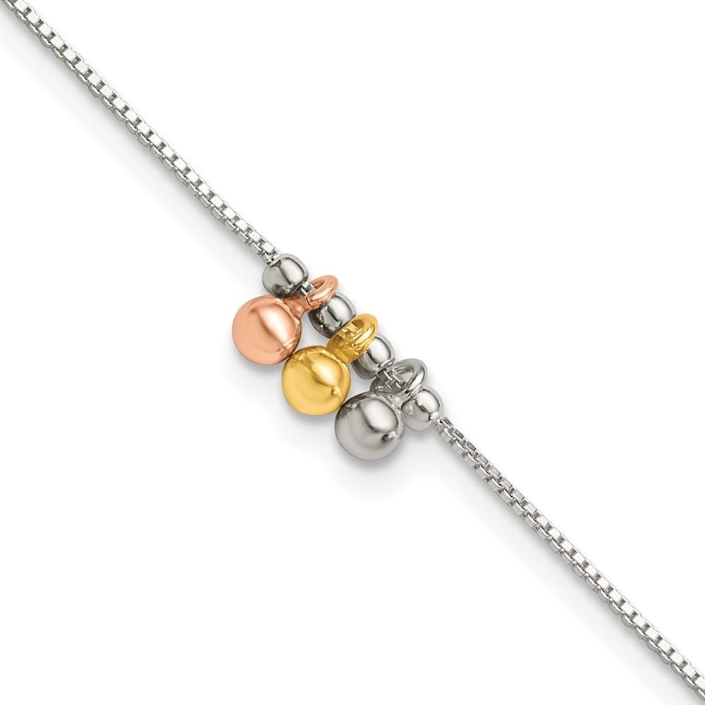 Auriga Fine Jewelry 925 Sterling Silver with Rose and Gold-Tone Dangle Beads 9in Plus 1in ext. Anklet for Women