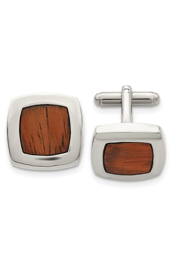 Fine Jewelry Stainless Steel Polished Koa Wood Inlay Rounded Square Cufflinks for Men