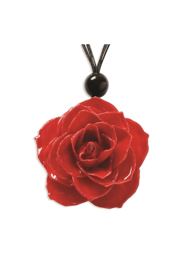 Fine Jewelry Lacquer Dipped Large Red Real Rose with Glass Bead on Black Cotton Cord Necklace for Women 18"