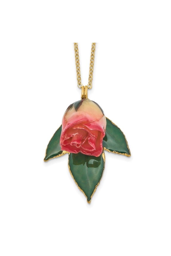 Fine Jewelry Lacquer Dipped White and Pink Real Rosebud on 24K Gold-trim Lacquered Dipped Leaf Gold-tone Necklace for Women 20"