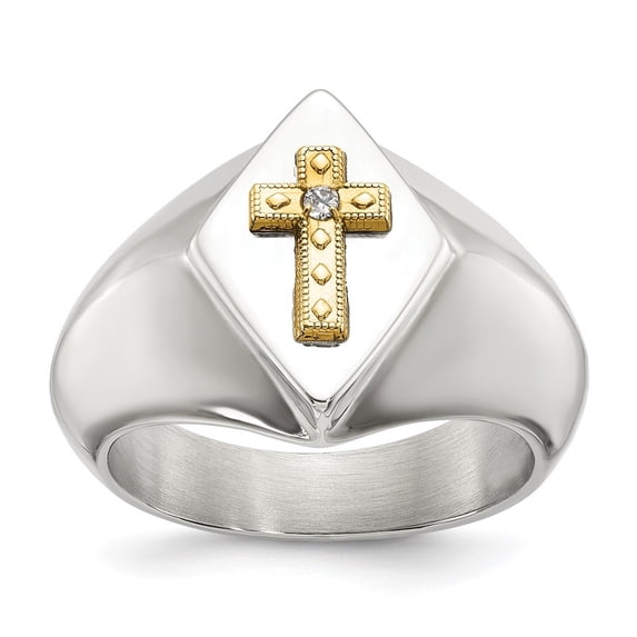 Auriga Fine Jewelry Men's Stainless Steel with Gold Accent .01ct. Diamond Cross Signet Ring Size 11