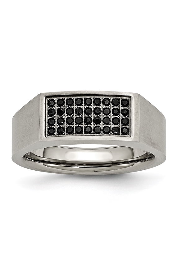 Fine Jewelry Men's Titanium Brushed and Polished Black IP-plated CZ Signet Ring Size 12