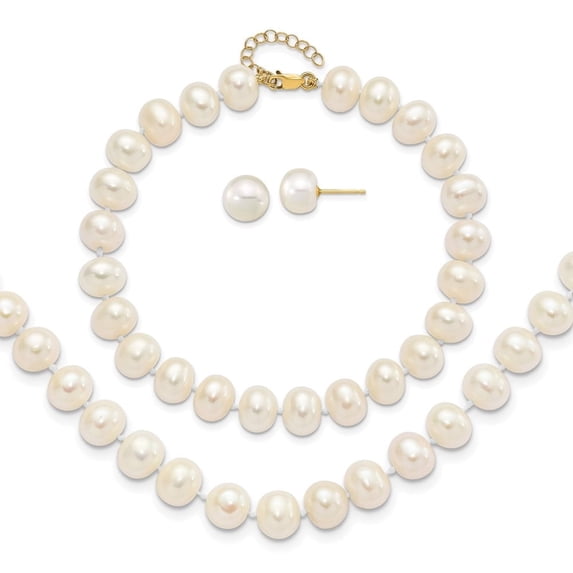 Auriga Fine Jewelry 14K Yellow Gold 8-9 mm White FWC Pearl Earring With 1in ext. Bracelet With 2in ext Necklace for Women