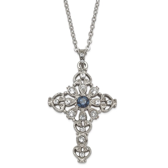 Auriga Fine Jewelry Silver-tone Blue and Clear Crystal w/3in ext. Cross Necklace for Women 16"
