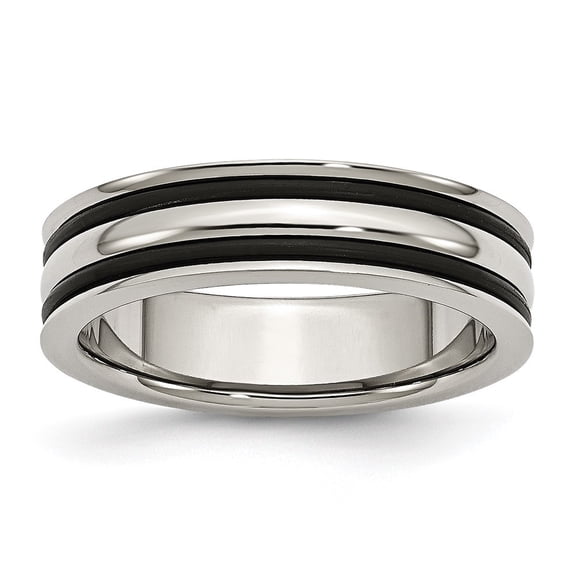 Auriga Fine Jewelry Stainless Steel 6 mm Grooved and Black Rubber Band for Women Size 10