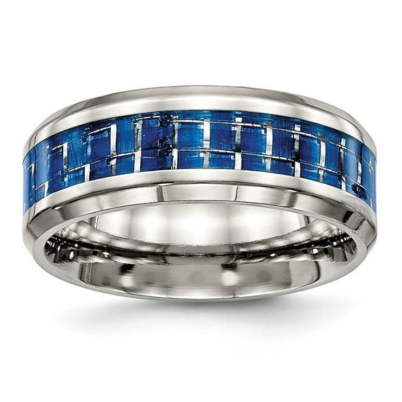 Auriga Fine Jewelry Stainless Steel 8 mm Blue Carbon Fiber Inlay Beveled Edge Band for Women Size 9.5