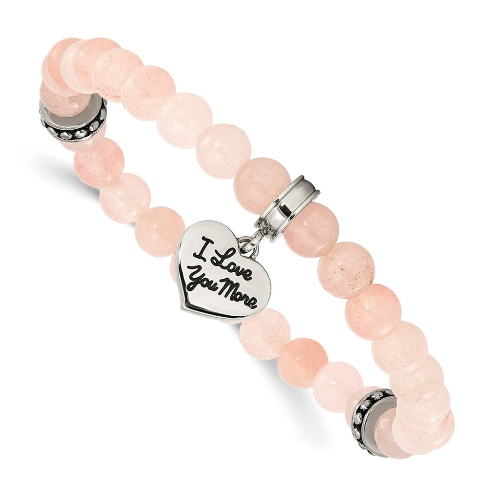 Auriga Stainless Steel Antiqued I LOVE YOU MORE Heart Dangle 6.5mm Pink Jade Beaded Stretch Bracelet for Women