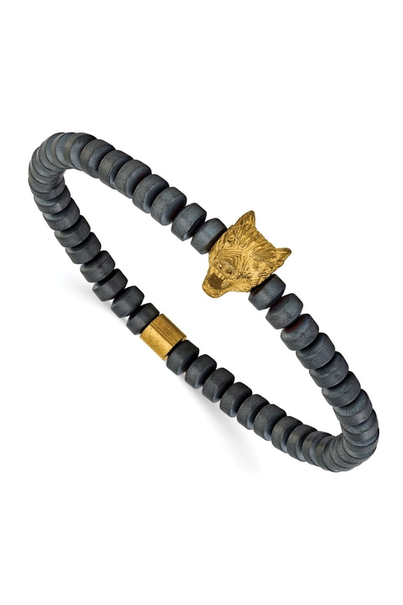 Mother's Day Gift Stainless Steel Yellow IP-plated Wolf Head Hematite Beaded 7.25 " Stretch Bracelet for Women