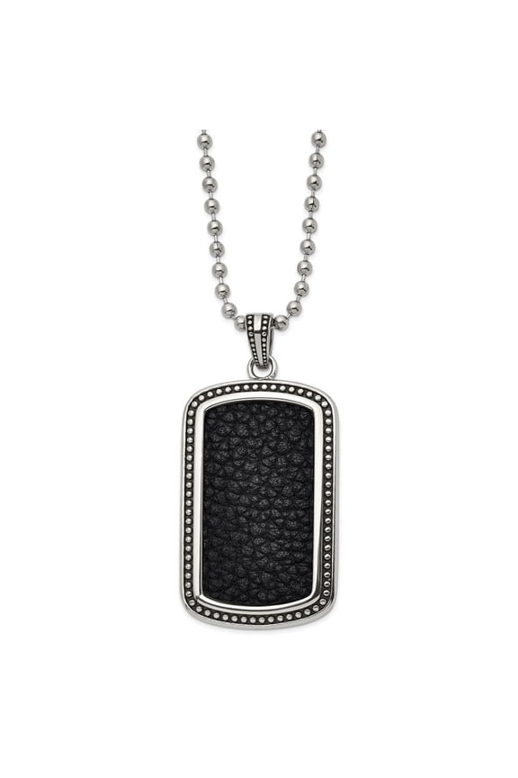 Fine Jewelry Stainless Steel Antiqued and Polished Black Textured Leather Inlay Dogtag on a Ball Chain Necklace for Men 22"