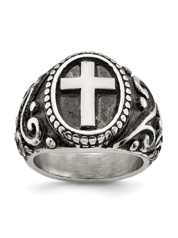 Fine Jewelry Stainless Steel Antiqued and Polished Cross Men's Ring Size 10