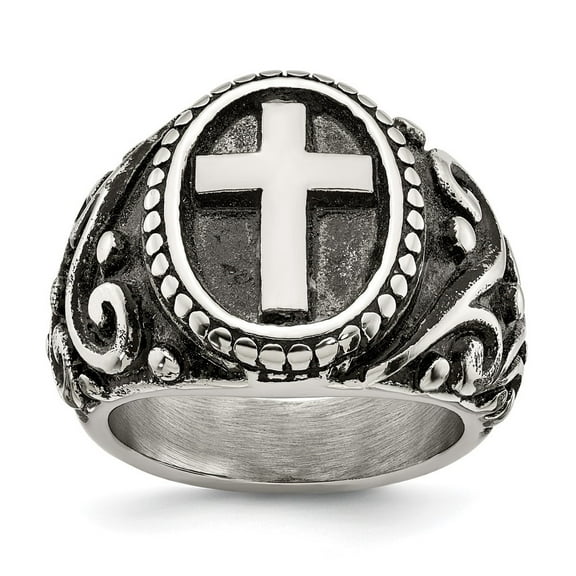 Auriga Fine Jewelry Stainless Steel Antiqued and Polished Cross Men's Ring Size 12
