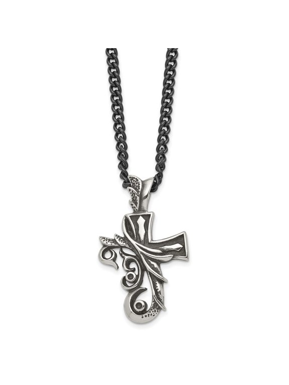 Fine Jewelry Stainless Steel Antiqued and Polished Fancy Cross Pendant on a Curb Chain Necklace for Mens 20"