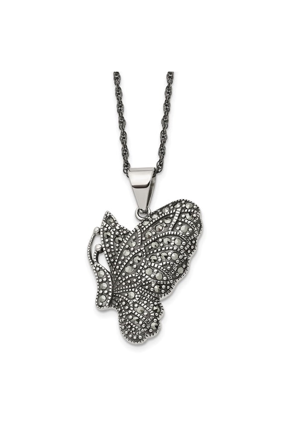 Fine Jewelry Stainless Steel Antiqued with Marcasite Butterfly Pendant on Singapore Chain Necklace for Women 20"