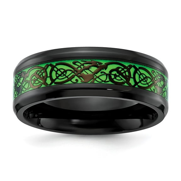 Auriga Fine Jewelry Stainless Steel Black IP-plated Dragon Design with Green Glow in the Dark Enamel 8mm Band Size 10