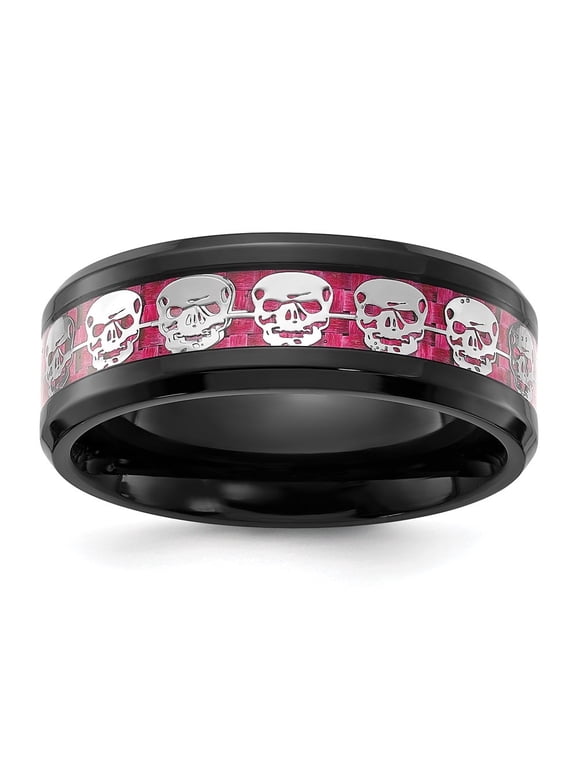 Fine Jewelry Stainless Steel Black IP-plated Skulls with Pink Carbon Fiber Inlay 8mm Band Size 10