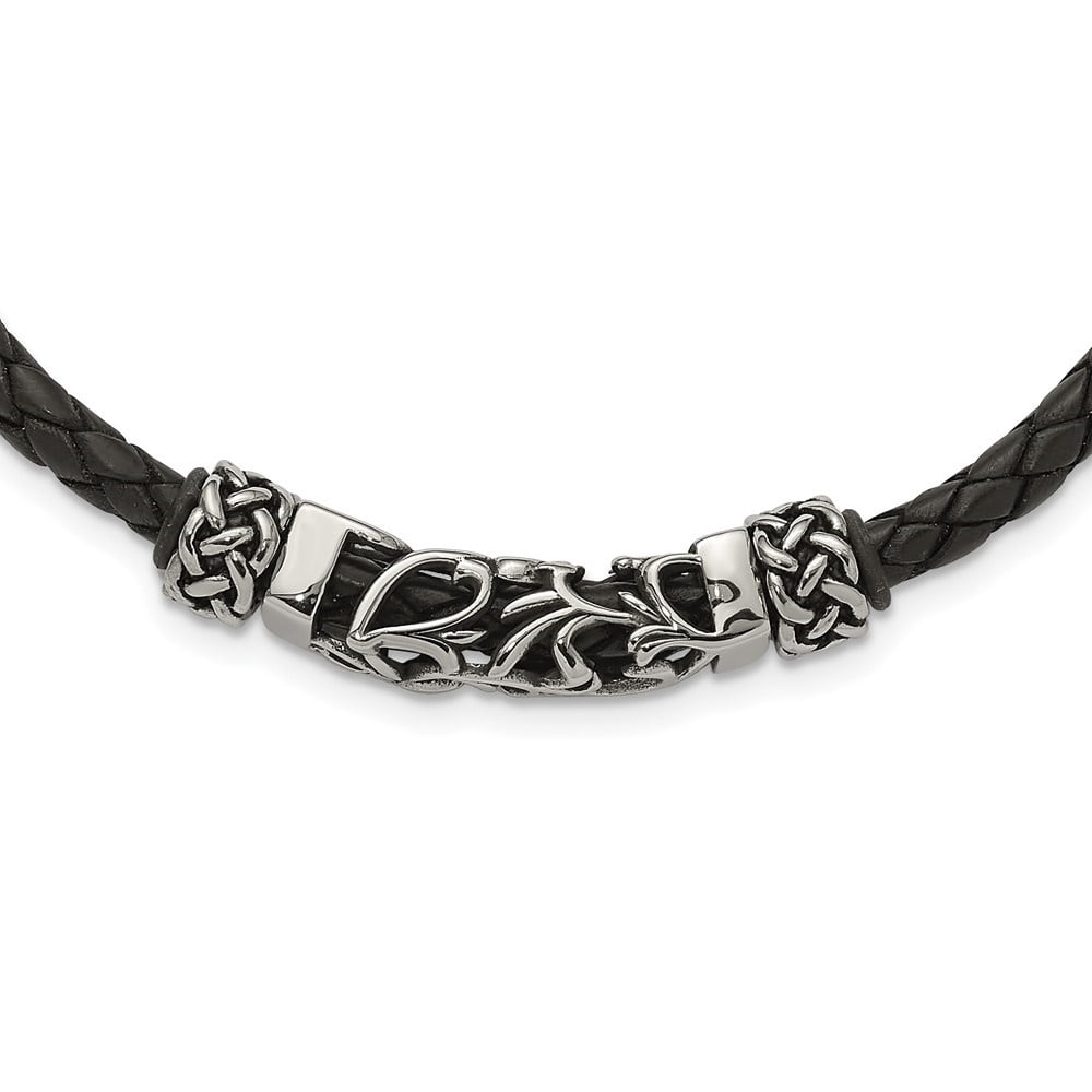 Auriga Fine Jewelry Stainless Steel Black Leather with Antiqued Beads 19.75 inch Necklace for Men 19.75"