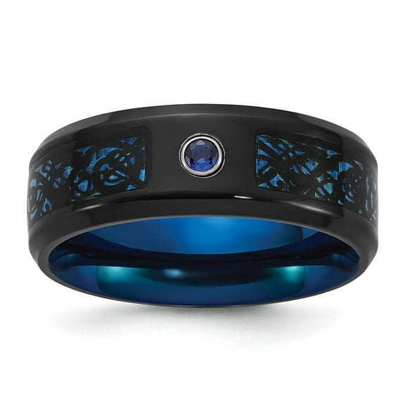 Auriga Fine Jewelry Stainless Steel Black and Blue IP-plated with CZ Carbon Fiber Inlay in Clear Epoxy 8mm Band Size 13.5