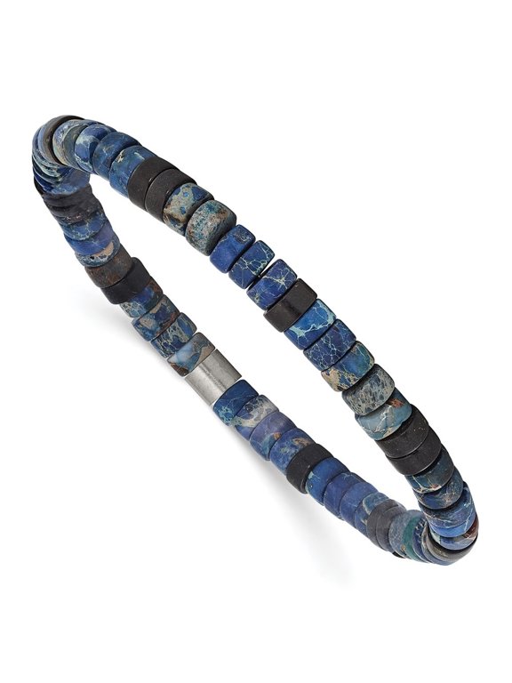 Fine Jewelry Stainless Steel Brushed Blue Sediment and Black Agate Beaded Stretch Bracelet for Women