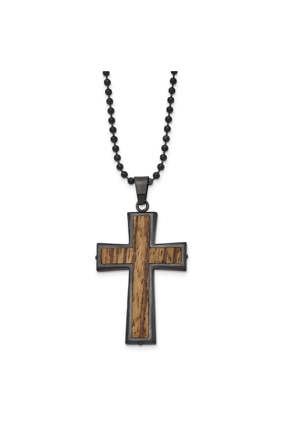Fine Jewelry Stainless Steel Brushed Gunmetal IP-plated w/Wood Inlay Cross Necklace for Men 24"