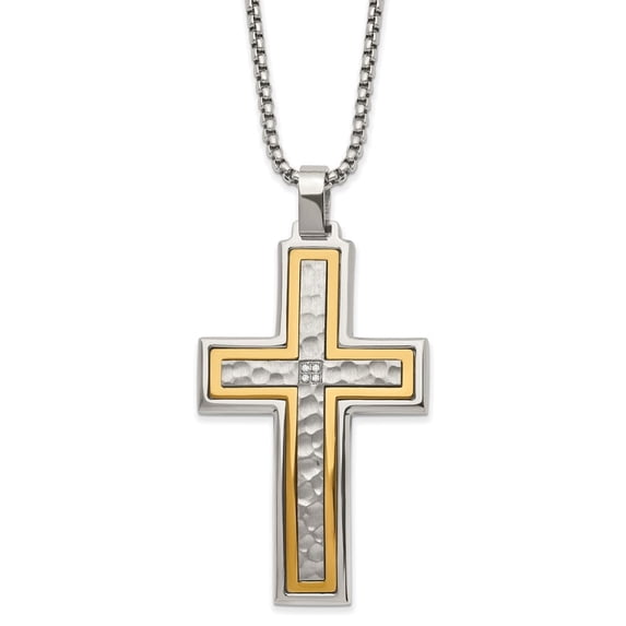 Auriga Fine Jewelry Stainless Steel Brushed Yellow IP-plated with CZ Cross Pendant on a Box Chain Necklace for Men 24"