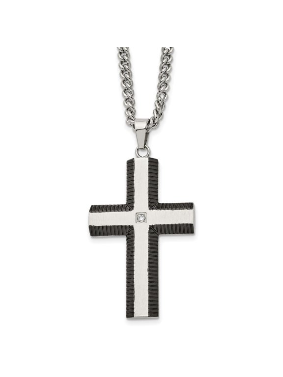 Fine Jewelry Stainless Steel Brushed and Polished Black IP-plated Edges with CZ Cross Pendant on a Curb Chain Necklace for Men 22"
