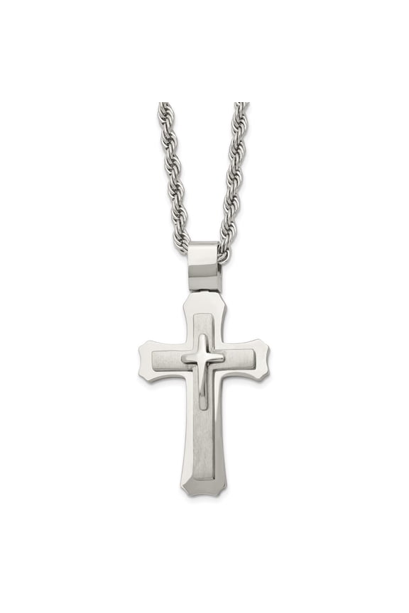 Fine Jewelry Stainless Steel Brushed and Polished Triple Layer Cross Pendant on a Rope Chain Necklace for Mens 24"